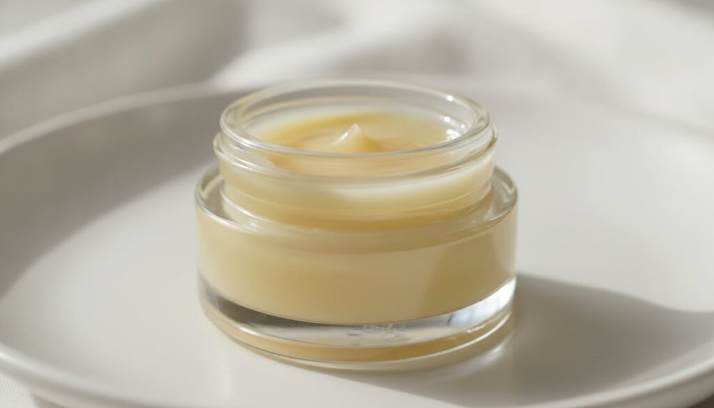 A small clean glass jar containing the mixed honey and Vaseline balm showing a smooth creamy texture Beside it are a hon