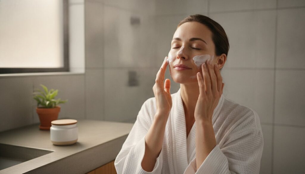 A woman applying a homemade Nivea and almond oil mask to her face before bed in a cozy soft-lit bathroom