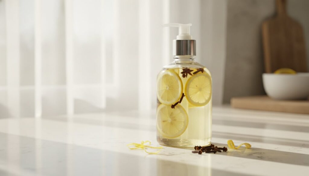 A clear bottle of baby oil with lemon slices and cloves infusing on a brightly lit surface