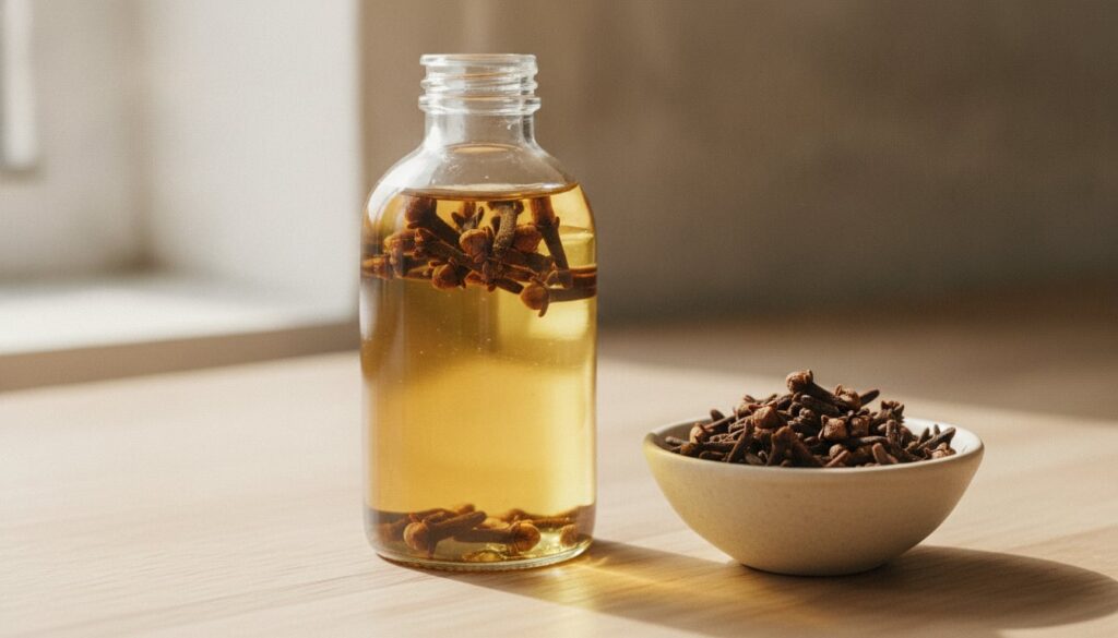 A bottle of baby oil infused with whole cloves placed next to a small bowl of cloves on a natural background