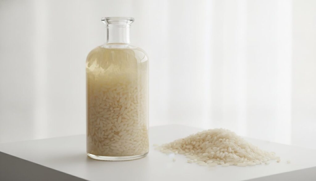 A bottle of baby oil infused with white rice next to a small wooden bowl of rice grains