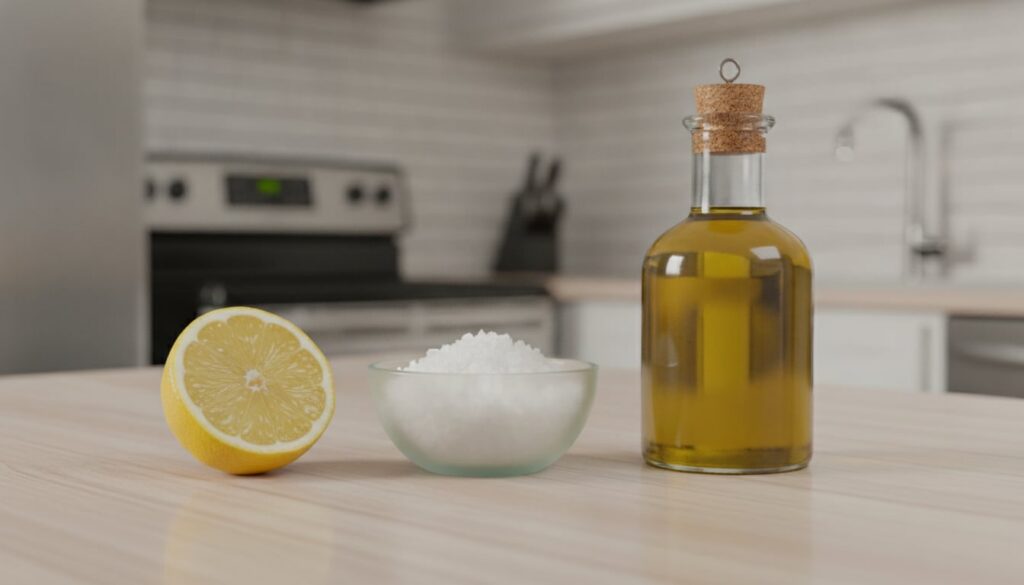 Ingredients for a lemon foot scrub laid out on a clean surface half a lemon a small bowl of coarse sea salt and a bottle