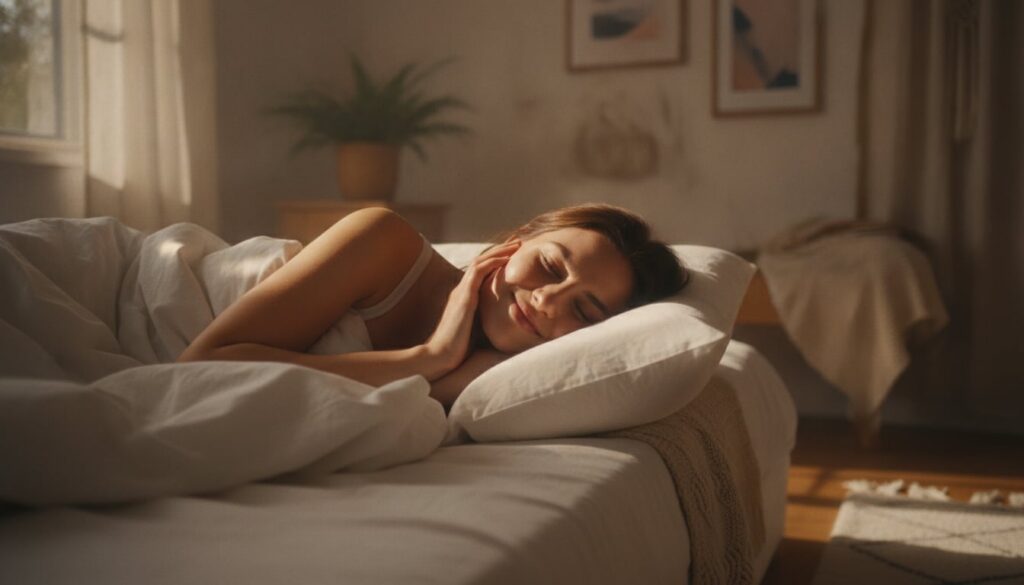 A woman waking up in the morning gently touching her face smiling with soft glowing skin Sunlight streams through a wind