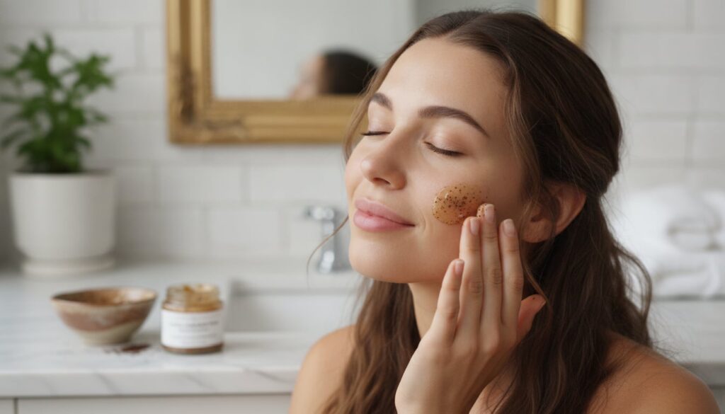A woman gently massaging the DIY Vaseline and coffee balm onto her cheek with a soft glowing complexion in a bathroom se