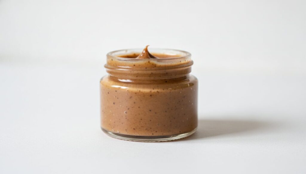 A small airtight container filled with the freshly mixed DIY collagen cream Vaseline and coffee grounds on a clean simpl
