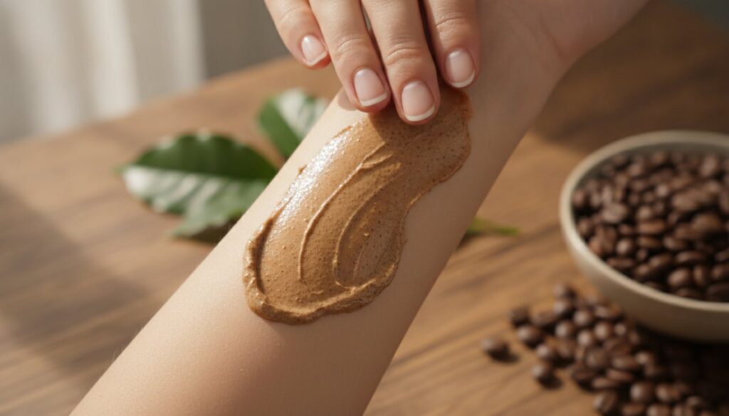 A hand gently applying the coffee ground skin cream to an arm showcasing the texture and application process