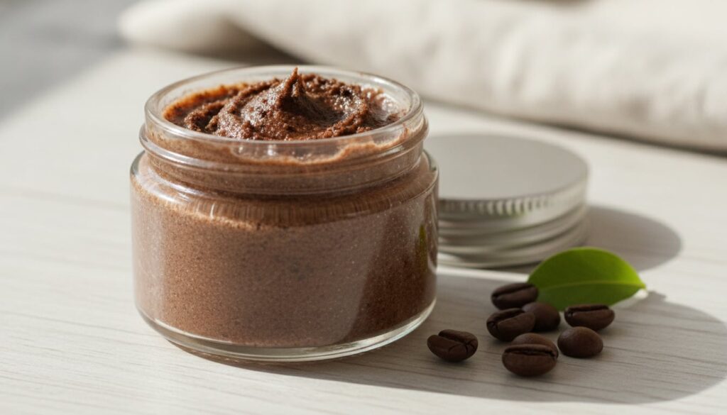 A small glass jar filled with the homemade coffee ground skin cream showcasing its texture and ready for use