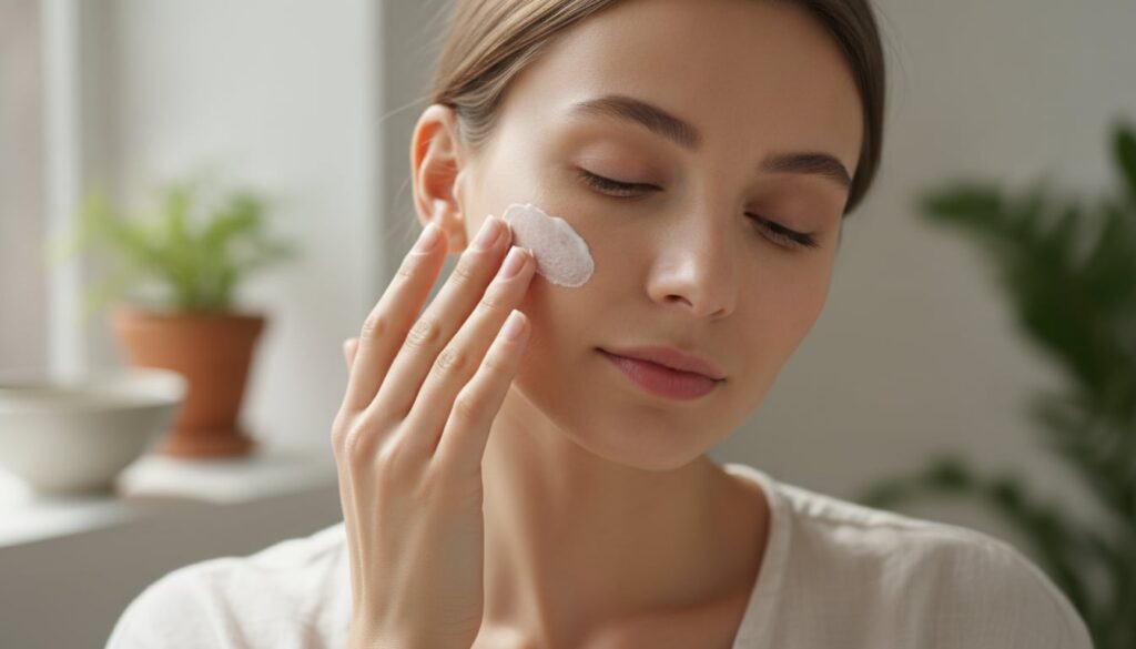 A woman gently massaging a small amount of homemade cream onto her cheek showing a delicate application technique