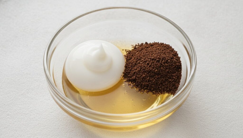 Small glass bowl containing white petroleum jelly baby oil and finely ground coffee ready to be mixed