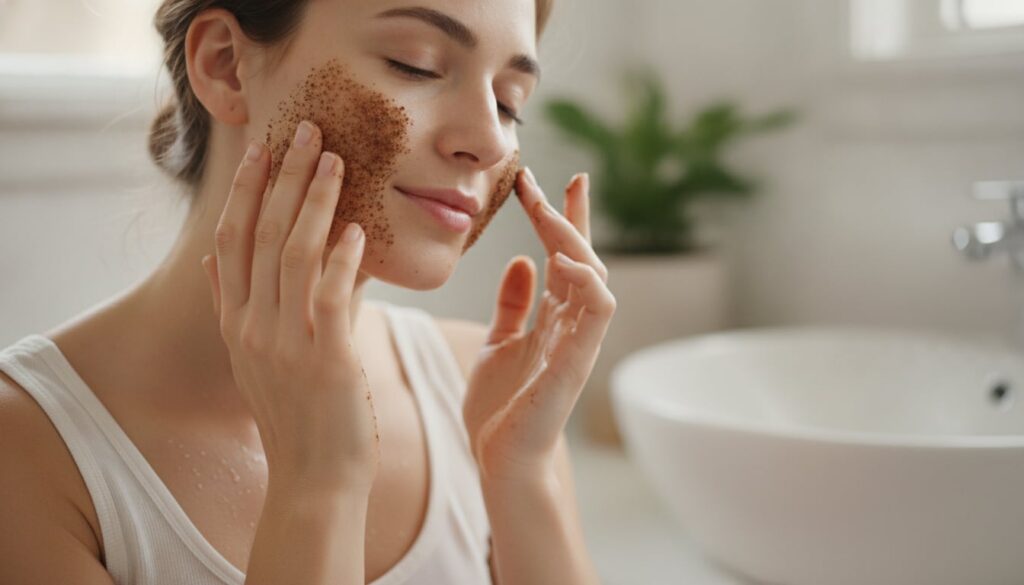 A woman gently massaging the DIY coffee jelly blend onto her face focusing on the cheek area with a soft radiant glow
