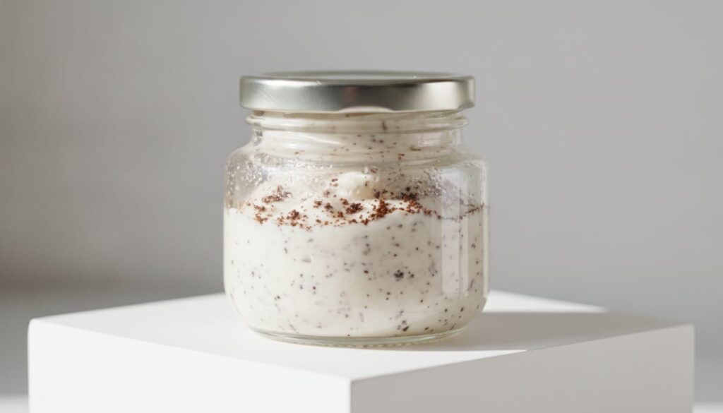 A small clear glass jar filled with the freshly mixed DIY collagen cream showing its creamy slightly granular texture on