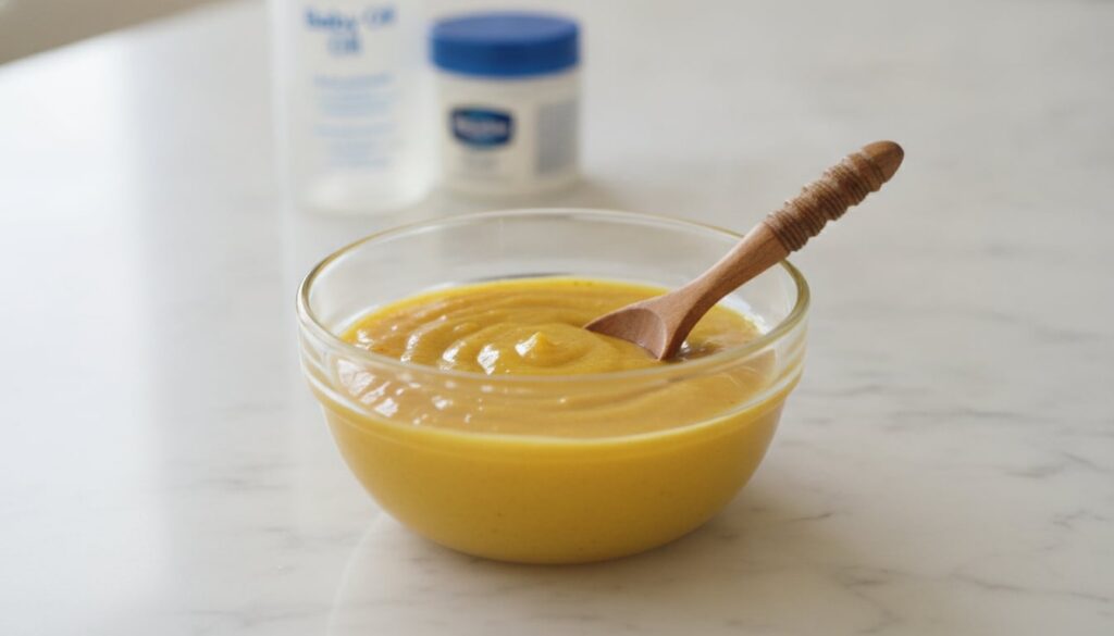 Close-up of a glass bowl containing a mixture of honey turmeric powder and freshly squeezed lemon juice with a small spo