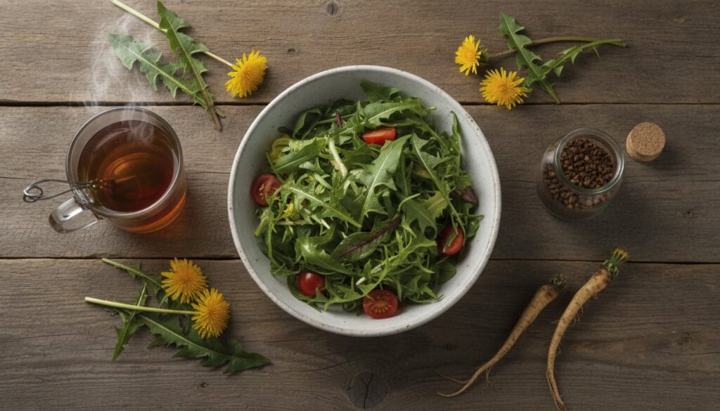 Various dandelion preparations a fresh dandelion salad a cup of dandelion root tea and a small jar of roasted dandelion 