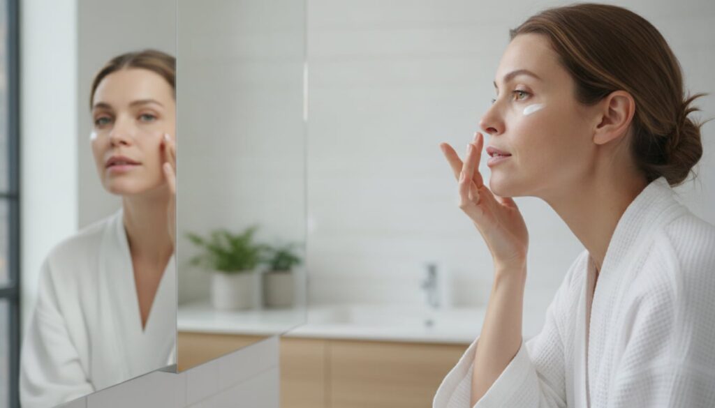 A woman in her 30s gently dabbing a small amount of eye cream under her eye with her ring finger looking into a mirror w