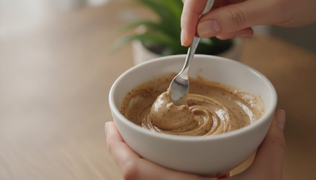 Close-up of a person s fingers gently mixing Vaseline and finely ground coffee in a small white ceramic bowl with a tiny