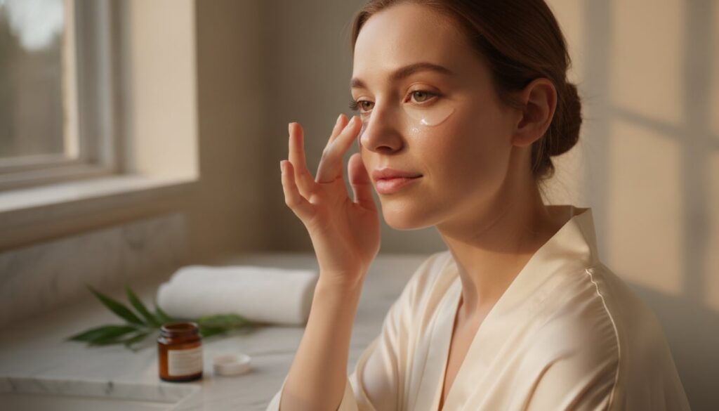 A woman gently applying the homemade Vaseline and Vitamin E mixture to her face focusing on areas prone to wrinkles like