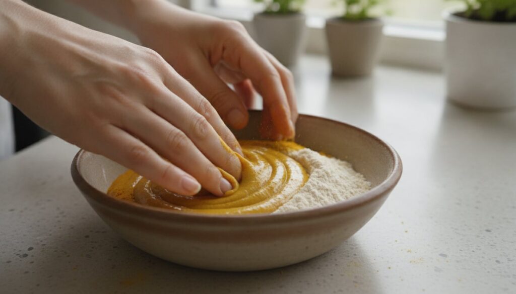 Hands mixing honey turmeric and oat flour in a small bowl to create a smooth golden paste The background shows a clean b