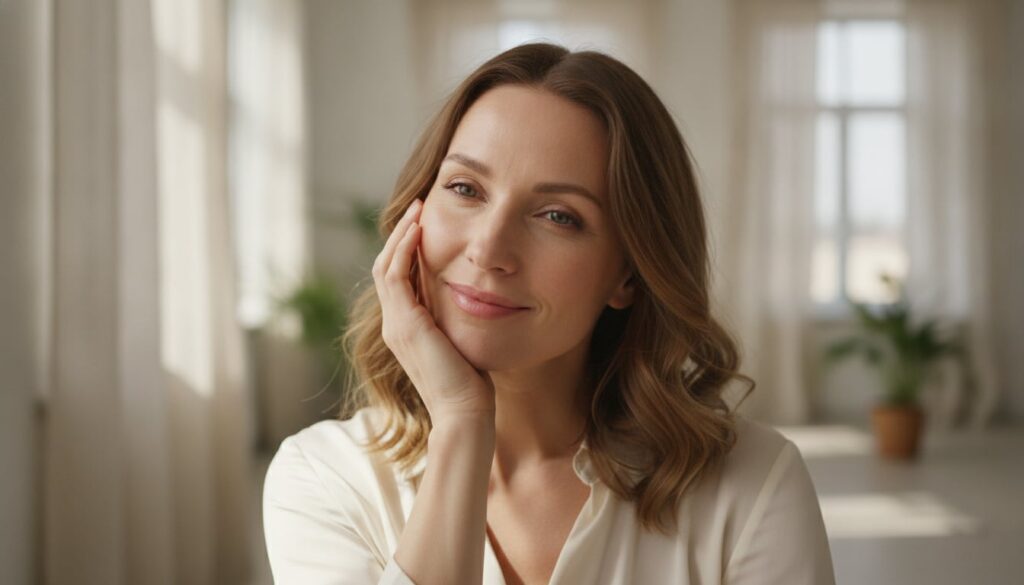 A woman with glowing smooth skin gently touching her cheek smiling The image should convey a sense of natural beauty and
