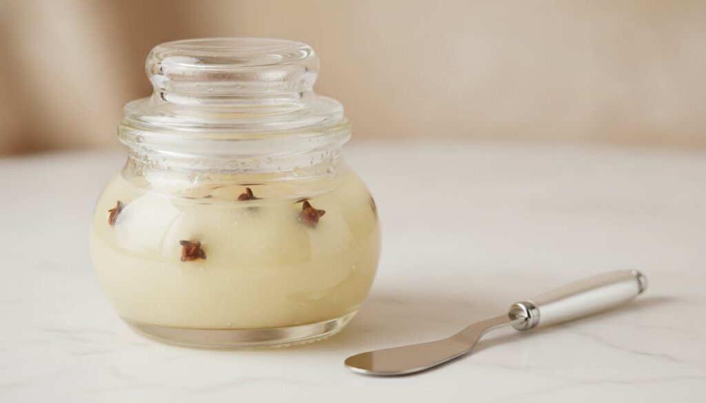A close-up of a small clean airtight container filled with the DIY glass skin mixture of baby oil Vaseline and infused c