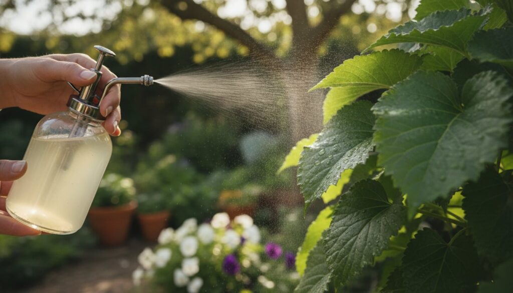 A gardener gently spraying an organic insecticidal soap mixture on plant leaves to control aphids with a clear calm focu