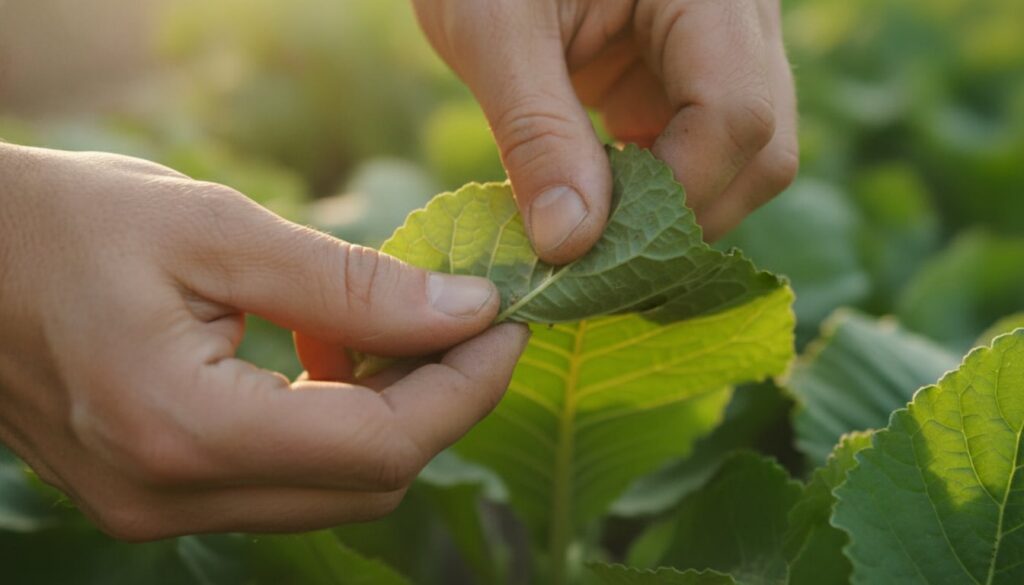 A gardener carefully inspecting the underside of a plant leaf for signs of pests or damage