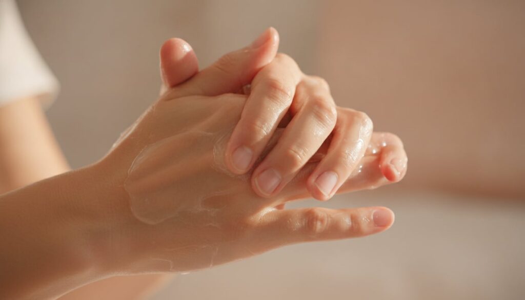 Close-up of hands applying a generous amount of Vaseline to deeply moisturize focusing on palms fingers and cuticles