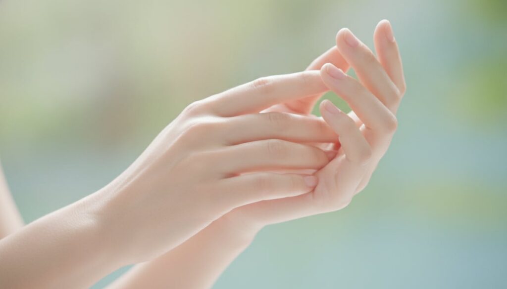 A close-up of beautifully soft and smooth hands possibly with a subtle sheen symbolizing the successful outcome of the h