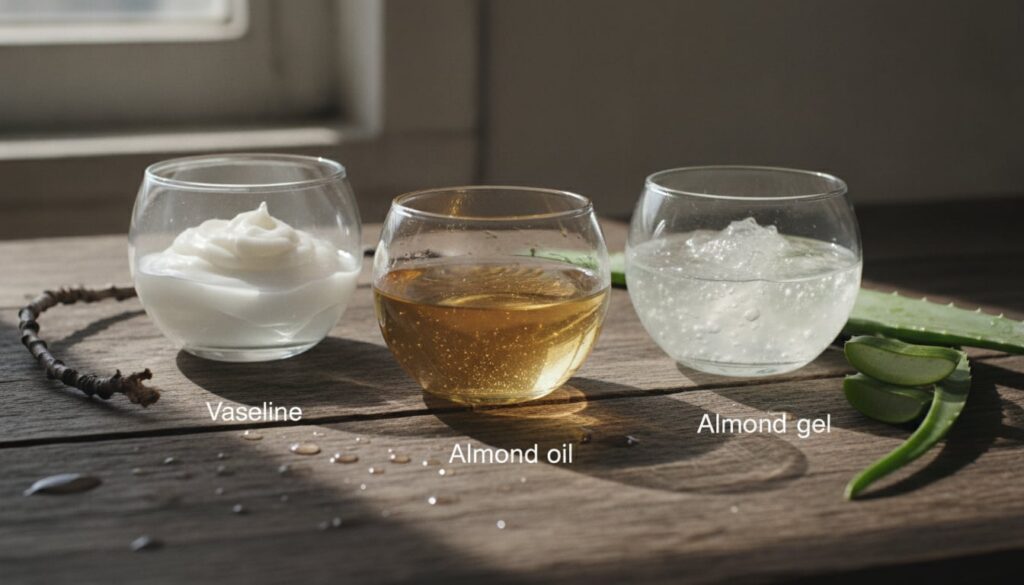 Small glass bowls containing Vaseline almond oil and aloe vera gel on a wooden surface ready for mixing