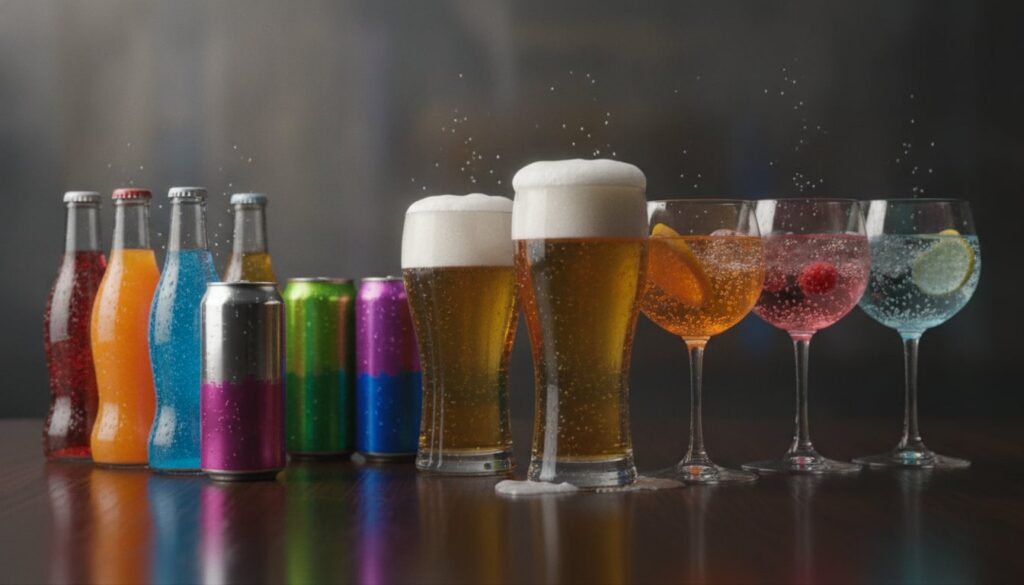 Various sugary sodas energy drinks and alcoholic beverages arranged to illustrate drinks that cause bloating