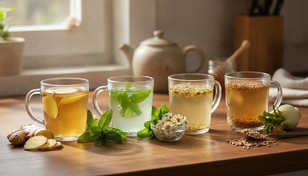 A variety of herbal teas ginger peppermint chamomile fennel in clear mugs with fresh ingredients like lemon slices mint 