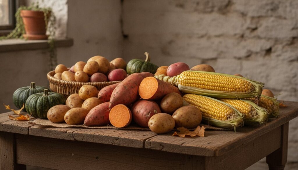 A colorful array of various starchy vegetables like sweet potatoes corn on the cob potatoes and pumpkins arranged on a r