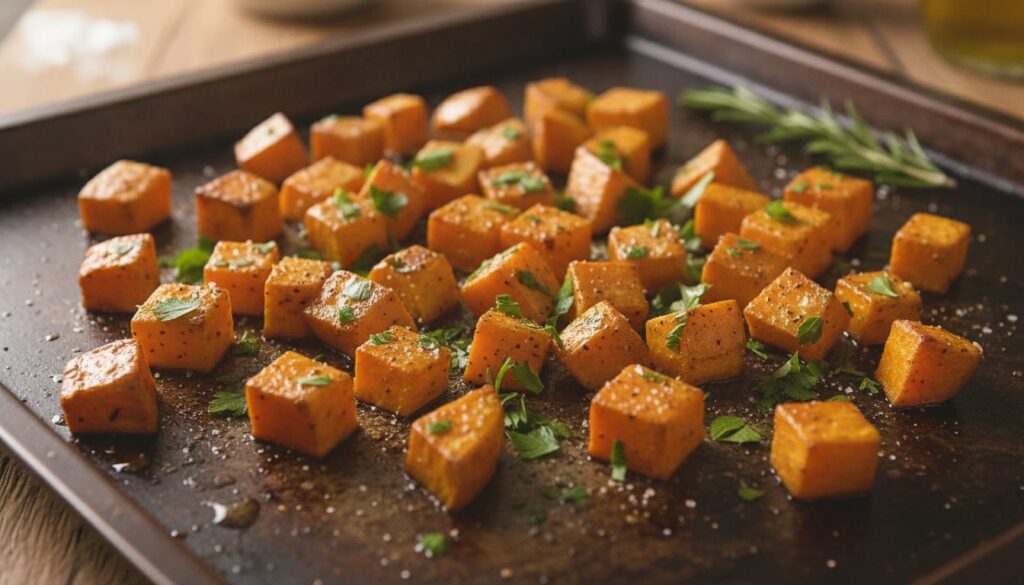 A close-up shot of perfectly roasted sweet potato cubes sprinkled with fresh herbs on a baking sheet ready to be served