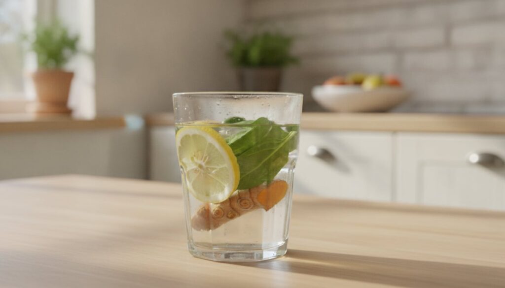 A close-up shot of a refreshing glass of water infused with lemon slices and fresh turmeric root pieces with a few spina