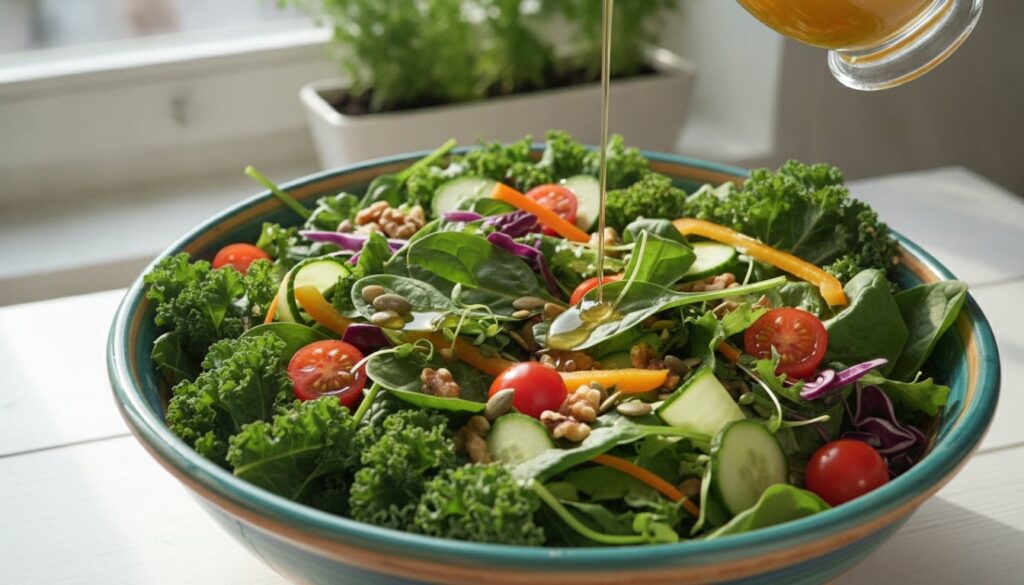 A vibrant fresh salad bowl filled with various leafy greens like spinach kale and mixed lettuce with a light dressing