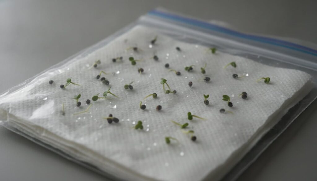 Close-up of small sprouts emerging from seeds on a damp paper towel inside a clear plastic bag