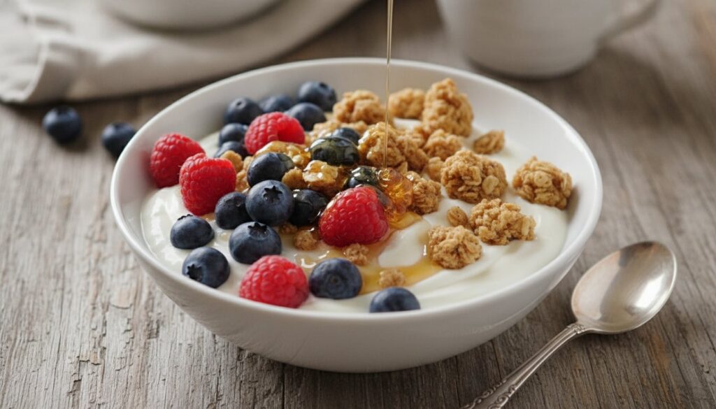 A bowl of creamy Greek yogurt topped with fresh berries a sprinkle of granola and a drizzle of honey set on a rustic woo