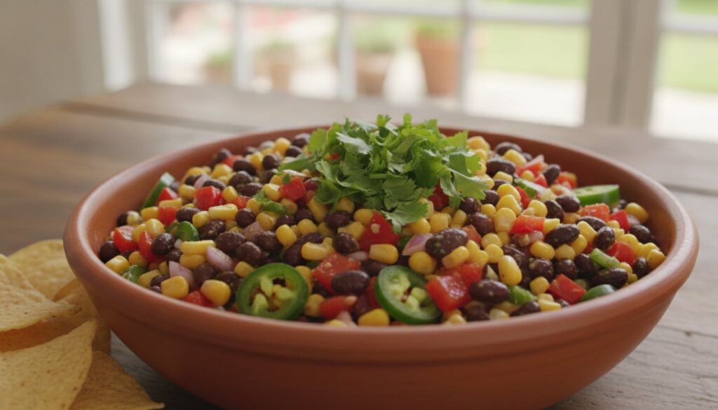 A colorful and hearty bowl of black bean and corn salsa with fresh cilantro ready to be served with tortilla chips on a 