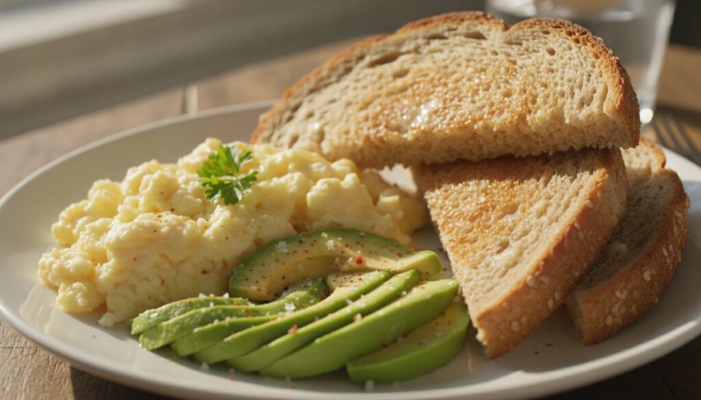 A close-up shot of a healthy breakfast plate featuring scrambled eggs avocado slices and whole-wheat toast with natural 