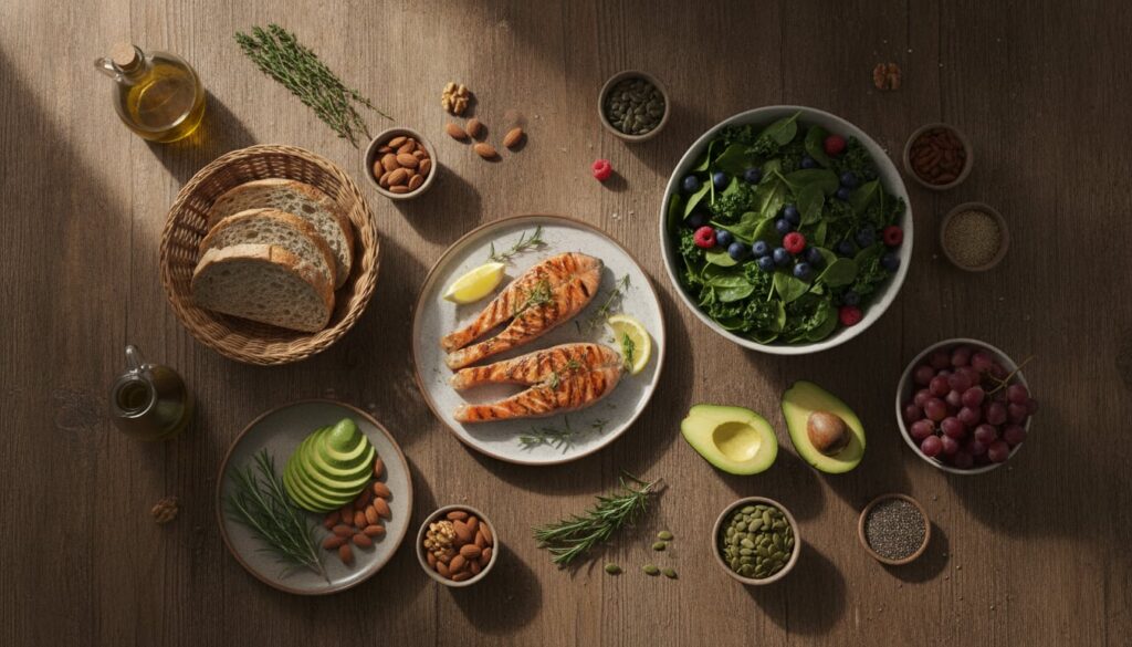 A vibrant and colorful spread of healthy fertility-supporting foods on a wooden table including fresh fruits leafy green