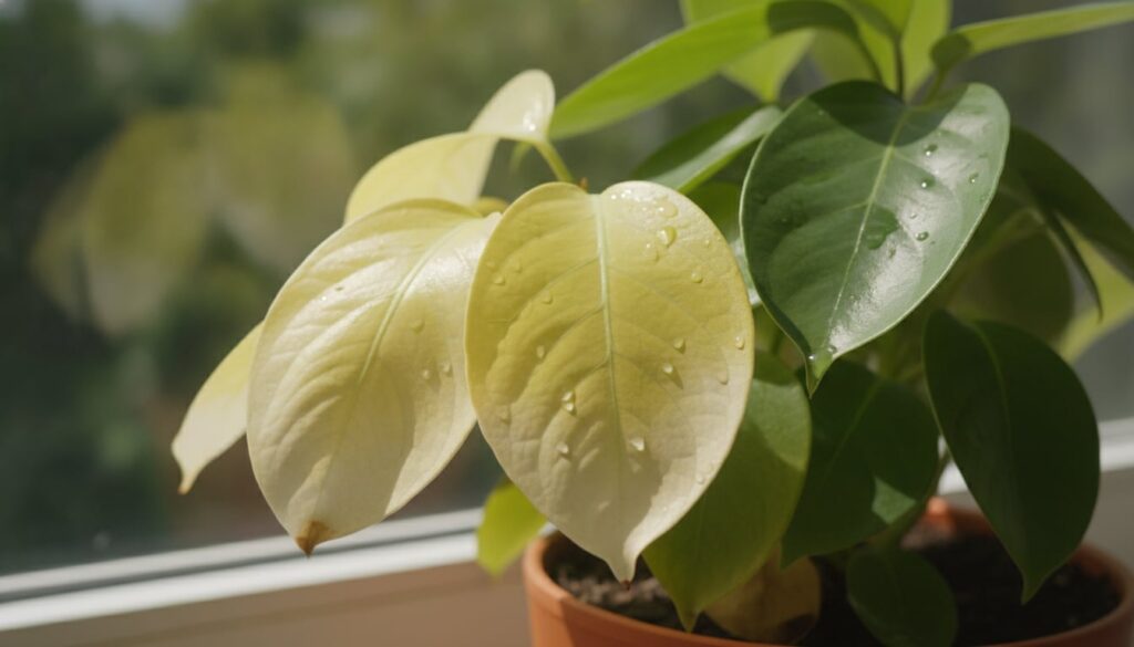 Close-up of a plant with older leaves turning yellow indicating nitrogen deficiency