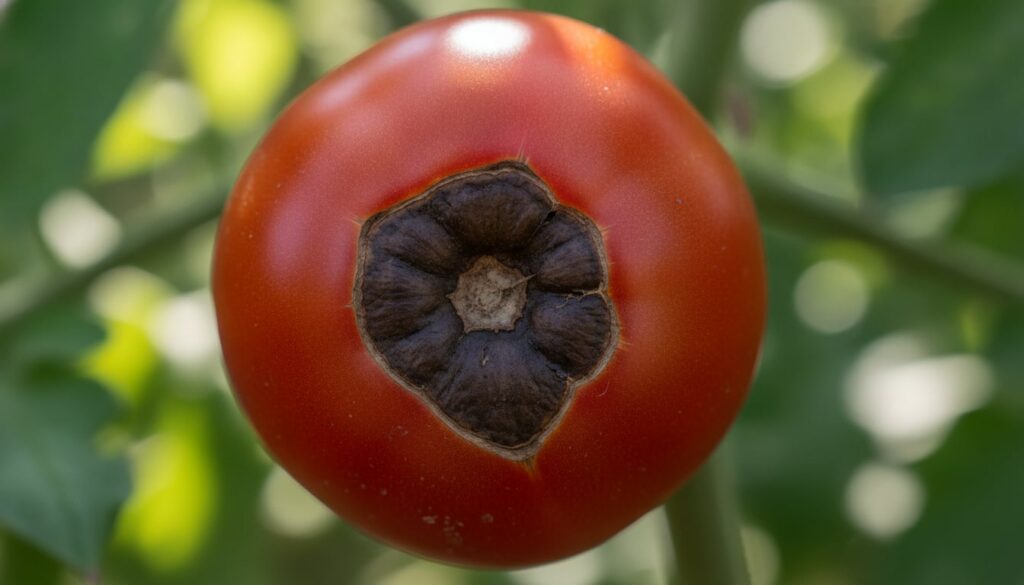 A tomato showing blossom end rot with a dark sunken spot on the bottom of the fruit