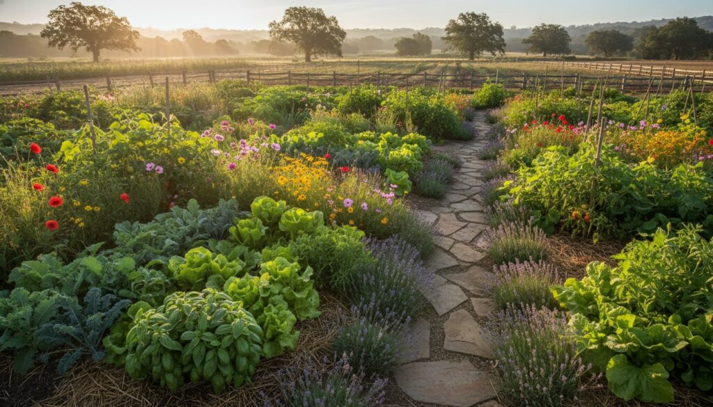 A healthy thriving garden bed with lush green plants of various types growing abundantly