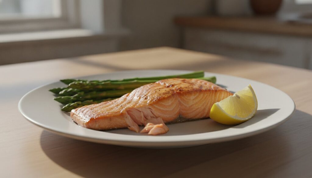A bowl of grilled salmon fillet with steamed asparagus and a lemon wedge on a plate representing a healthy meal rich in