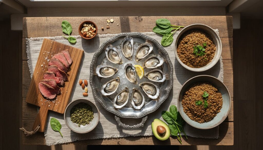A variety of raw and cooked zinc-rich foods artfully arranged on a wooden table including oysters on ice lean beef slice