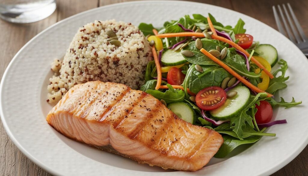 A delicious and healthy meal featuring zinc-rich ingredients like grilled salmon quinoa and a colorful salad with pumpki