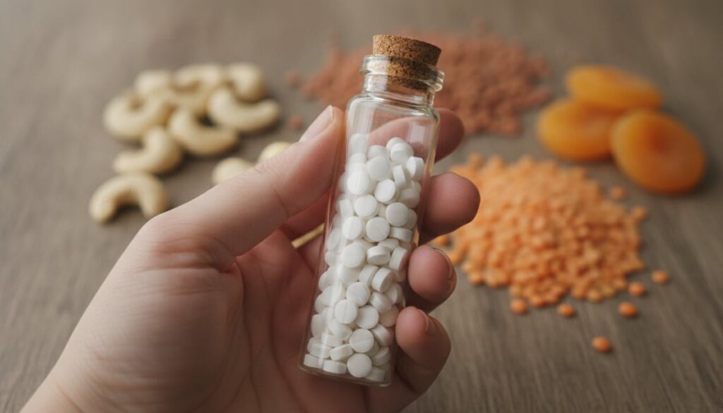 A person s hand holding a small glass bottle with zinc supplements and a few zinc-rich foods like cashews and lentils in