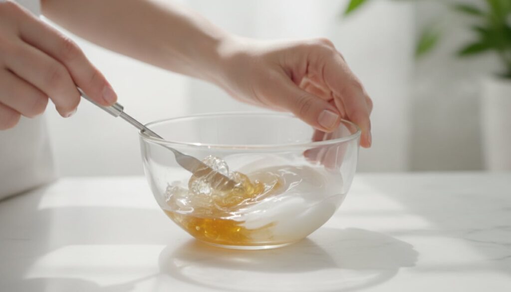 Close-up of hands mixing Vaseline baby oil and honey in a small glass bowl with a mini spatula Ingredients are clearly v