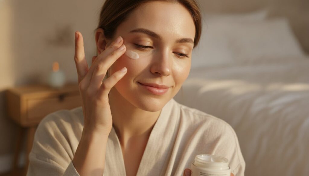A woman gently massaging a small amount of the balm onto her face focusing on the area around her eyes Her skin looks so