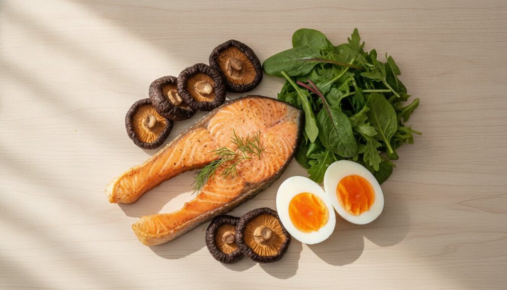 A vibrant plate of grilled salmon with lemon slices and fresh dill accompanied by a side of sautéed mushrooms and a glas