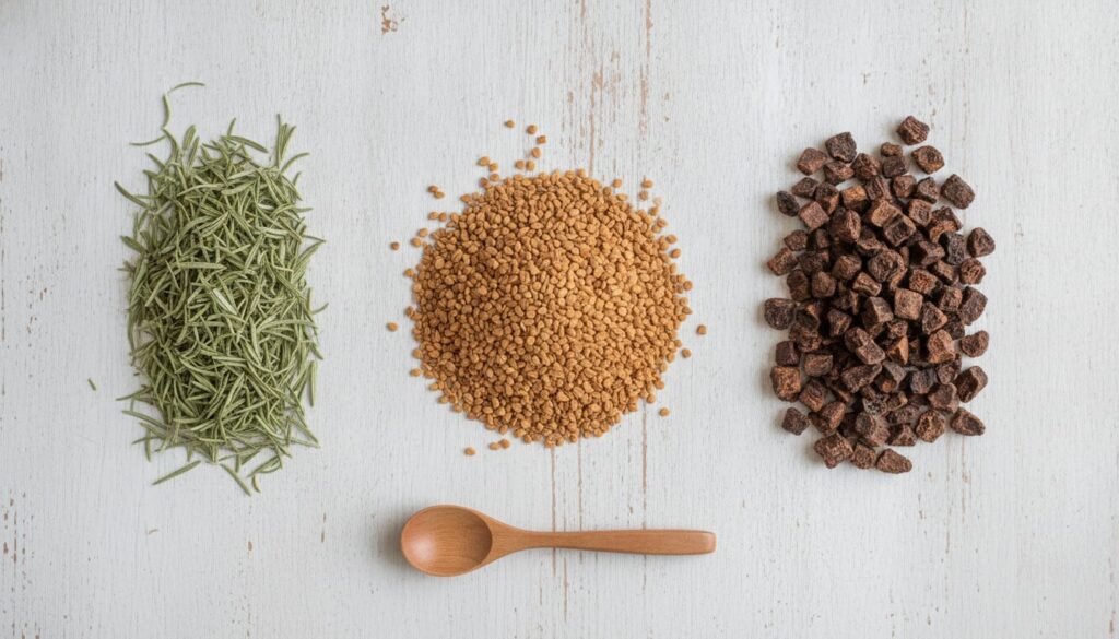 An array of dried rosemary fenugreek seeds and dried amla pieces laid out on a wooden surface ready to be used in a hair